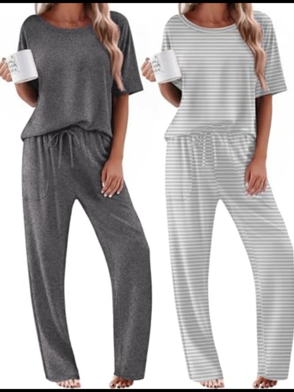 2 Pack Womens Pajama Sets Short Sleeve Long Pants Lounge Sleepwear